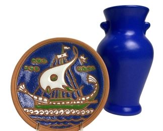 Bohls Pottery- Greece- Handmade Plate & Cobalt Blue Pottery Vase