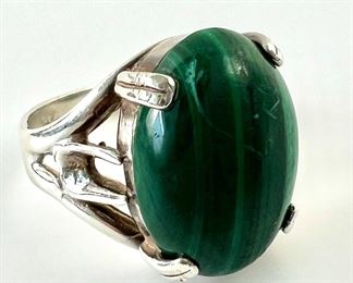 Large Malachite Cabochon Ring in Sterling Silver Setting - Size 7