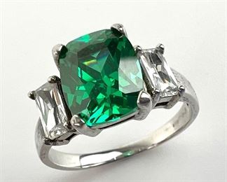  Large Princess-Cut Green Gemstone
Sterling Silver Ring w/ Two Cubic Zirconia
Side Stones - Size 8-3/4