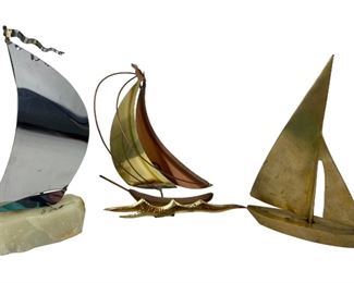 Mid Century Nautical Sailboat
Collection - Signed John DeMott Onyx Stone
and Wood, Copper, Brass