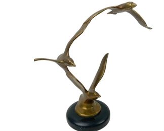 Vintage MCM Birds in Flight Brass Sculpture on Black Marble Base