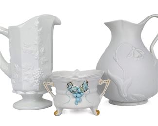 Westmoreland & Parian Bisque
Jonquil MMA Reproduction White Floral and
Fruit Pitchers & 1950's Lefton China