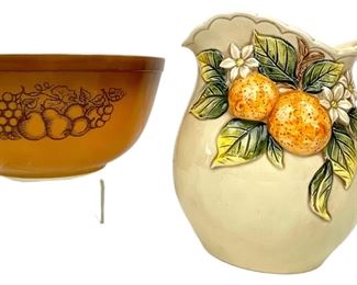 Hand Painted Takashi Pitcher and Pyrex Orchard Mixing Bowl