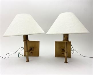 Two Beautiful Brushed Brass Sconce Lights with Fabric Shades