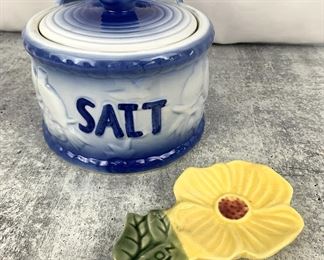 Blue & White Vintage Stoneware Wall
Hanging Salt Box with Birds and Sunflower
Spoon Rest
