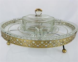 Mid Century Modern Lazy Susan Glass/Gold Serving Platter
