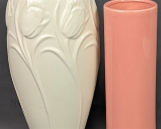 Haeger Pastel Pottery Vases - Creamy Green Tulip and Coral Cylinder