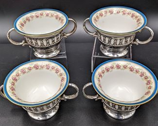 4 Rare William Guerin, Limoges Soup Cups in Silver Carriers