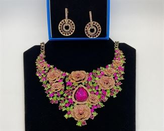 OPC CN Statement Necklace with
Pink and Green Crystal Rhinestones and
Purple Crystal Pierced Earrings
