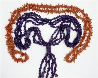 Salmon Coral Spike Long Necklace
and Amethyst Quadruple Strand with
Pendant