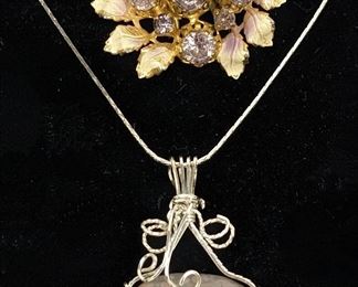 Austrian Crystal Brooch and Hand- Wrapped Agate Necklace