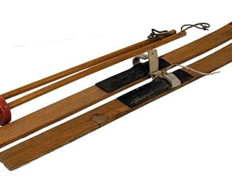 Vintage Junior Size Wood Skis and Poles