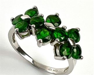 Sterling Silver Ring w/ 10 Colorful Green (Chromium Diopside) Stones - Size 9