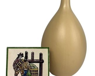 Tall Sleek Pottery Vase and Decorative Tile Trivet