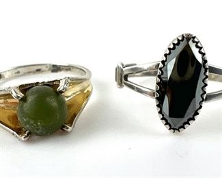 Two Sterling Silver Rings - Rotating
Jade Ball and Elliptical Black-Mirror Stone -
Sizes 7-3/4 and 8