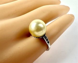 Antique Sterling Silver "Pearl" Pinky Ring w/ Tiny Gemstone Accents - Size 3.5