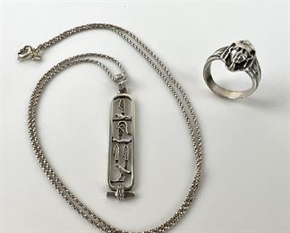 Sterling Silver: Egyptian Cartouche
on 23.5" Sterling Box Chain AND Antique
Pharaoh Ring, Size 8-1/2