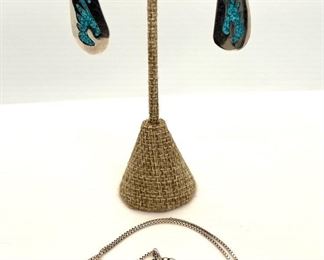 Sterling Silver Kokopelli Necklace
and Sterling and Turquoise-Inlay Pierced
Earrings