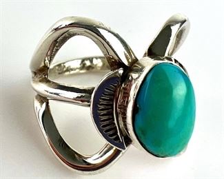 Oval Turquoise Cabochon Set in Arching Sterling Silver Ring Setting - Size 8