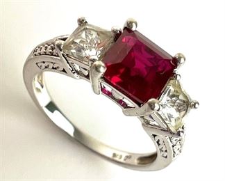 Sterling Silver Princess-Cut Synthetic Ruby Ring w/ CZ Accents - Size 7-3/4