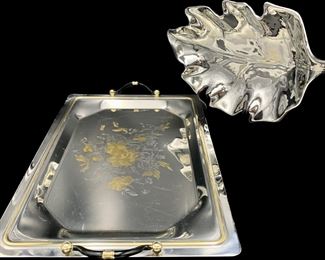 Vintage MCM Serving Tray by MGM and Silver Colored Leaf Dish!