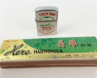 Hero Harmonica M1202 from
Shanghai, China (with box) & Souvenir Metal
Nesor Lighter (Japan)