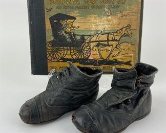  Antique Black Leather Toddler Shoes & 1939 Story Book "Surprise for Judy Jo"