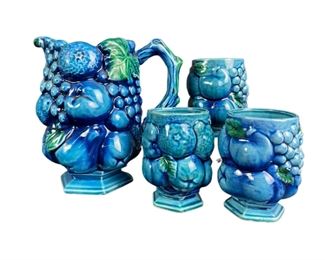 Vintage Inarco Mood Blue Indigo Fruit Pitcher And Cups