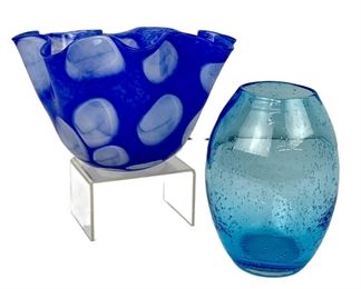 Two Beautiful Blue Art Glass Vessels - Vintage