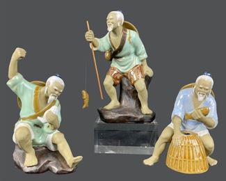 Three Shiwan Mudman Chinese Fishermen Figurines