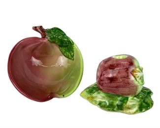 Vintage Signed J.F. Olfaire Pottery Apple Bowl And Candle Holder - Portugal