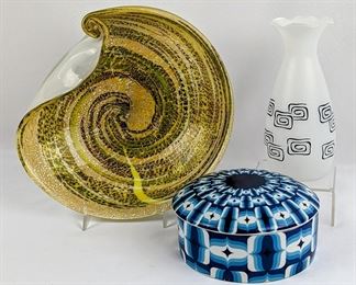 Murano 60s Plate, Mid CenturyGlass Vase and Round Glass Ring/Trinket Dish