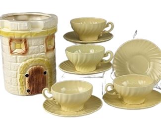 American Bisque Cardinal Castle
Cookie Jar, Franciscan Saucers and Yellow
Tea Cups