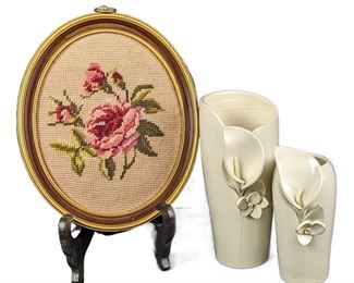 Vintage Signed Ivory Porcelain Vases and Framed Rose Needlepoint