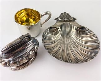 Sterling Web Baby Cup, Ronson
Silverplate Crown Lighter & Repro Sheffield
England Shell Dish