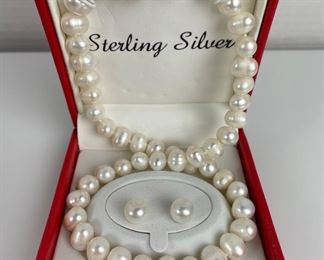 Sterling Silver And Pearl Necklace With Earrings