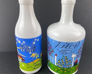 Lillian Vernon Milk Glass Juice Bottle & Carlton Glass Milk Bottle