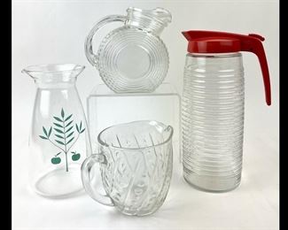 Four Vintage Glass Pitchers - Valira, Fire King, Pyrex and Art Deco