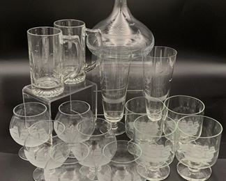 TOSCANY Vintage Nautical Themed Etched Glassware Set (15 pieces)