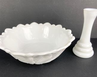 Indiana Wild Rose Milk Glass Bowl and Randall 3-Ring Milk Glass Bud Vase
