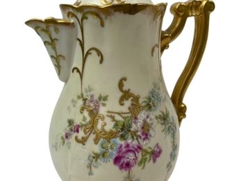  Limoges France Porcelain Chocolate Pot with Roses and Golden Trim