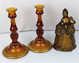 Golden Amber Vintage Glass
Candlestick Holders and Brass Victorian
Lady Statue