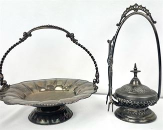 Antique Ornate Handled Metal Dishes - One Open, One With Lid And Tongs