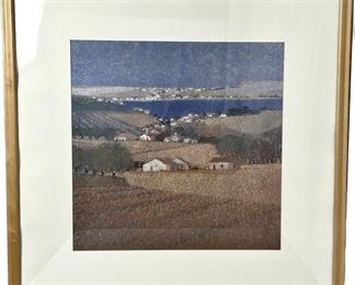 Large Framed Lithograph of Village by Andre Bourrie