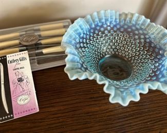 10" Fenton Blue Opalescent Bowl, Carvel Hall Cutlery 