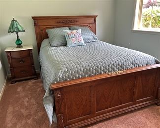 King size bed. Mattress has stains so mattress  is free. Do not have to take with bed.  Also night stand matches bed frame. Bed priced at $350.00