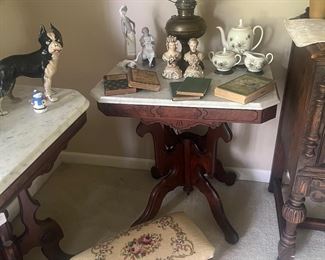 Marble top, antique side, tables, footstool, and more