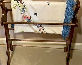 QUILT RACK, VINTAGE/ANTIQUE FRINGED NEEDLEPOINT SPREAD