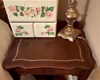 ANTIQUE LEATHER TOP TABLE, PAINTED BOX, CANDLESTICK LAMP