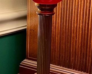ANTIQUE LAMP W/MARBLE BASE & RED GLASS GLOBE